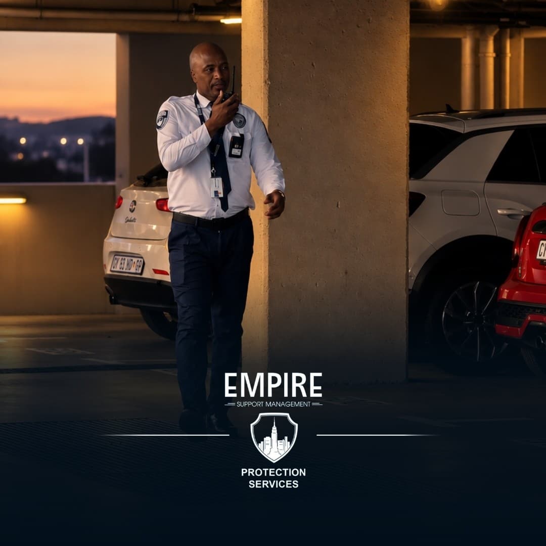 Empire officer patrolling a residential parking garage at dusk