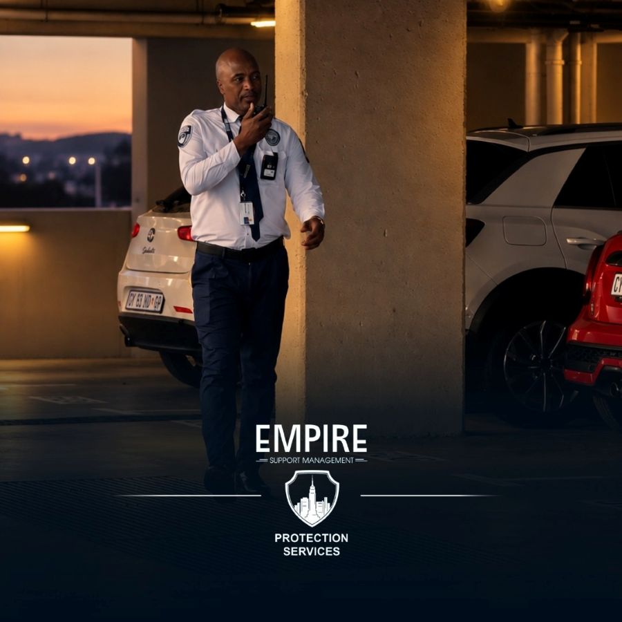 Empire officer patrolling a residential parking garage at dusk