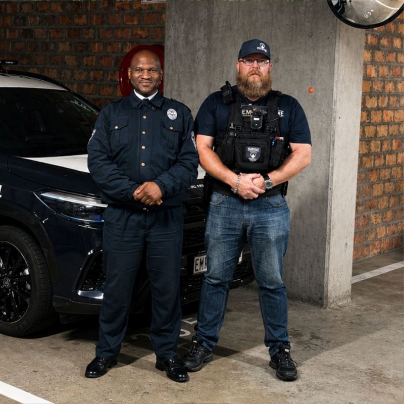 Two Empire Area Managers standing beside an Empire vehicle in a parking garage