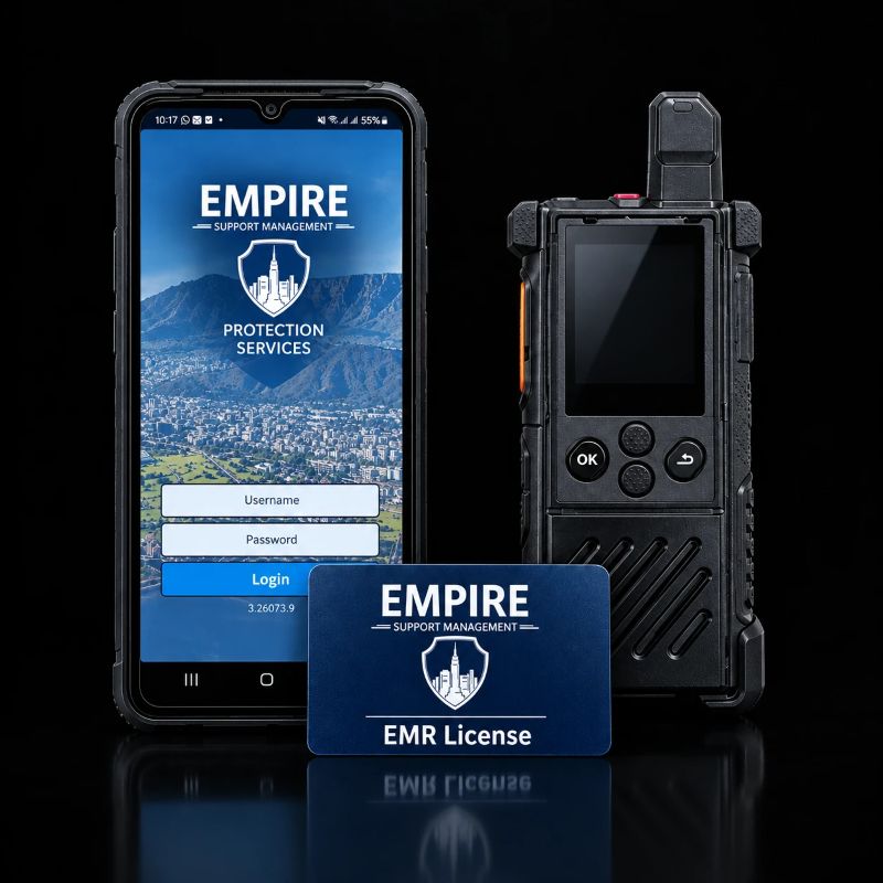 Empire EMR app on a rugged phone, a two-way radio and an EMR licence card