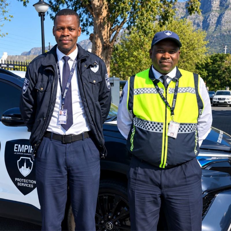 Two Empire guarding officers beside an Empire vehicle with Table Mountain behind