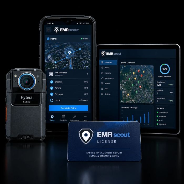 Body camera, phone and tablet running EMR Scout patrol monitoring, with an EMR Scout licence card